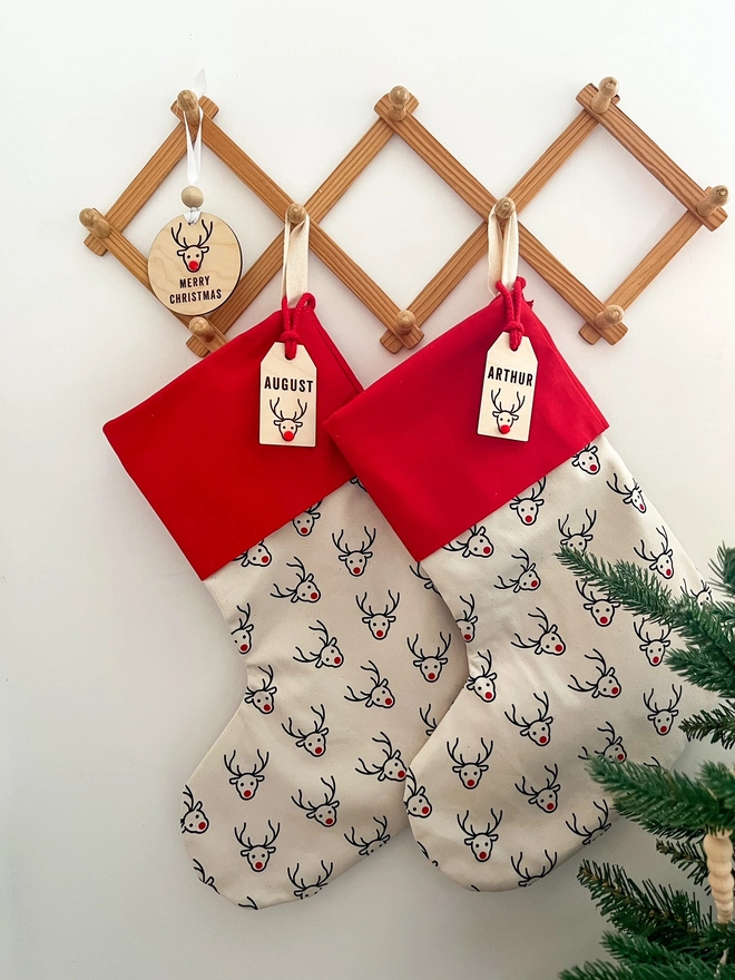 Christmas Stocking with Reindeer Design and Personalised Wooden tag