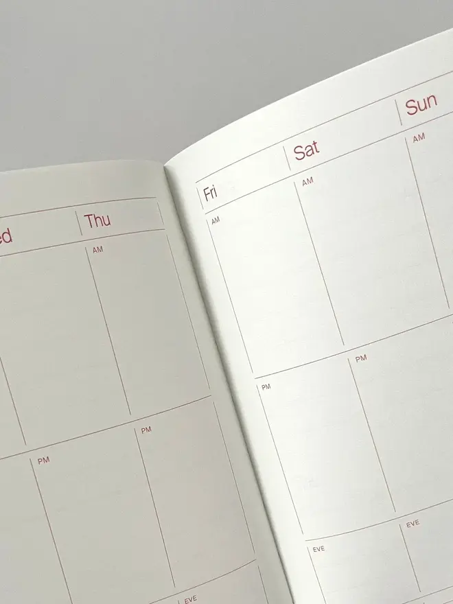 Weekly overview spread - Monday to Sunday with columns for each day and pace at the bottom for daily to-do list and reminders. 
