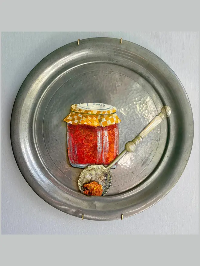 Zoom-in on Oil Painted Spoon & Marmalade On Antique Pewter Plate