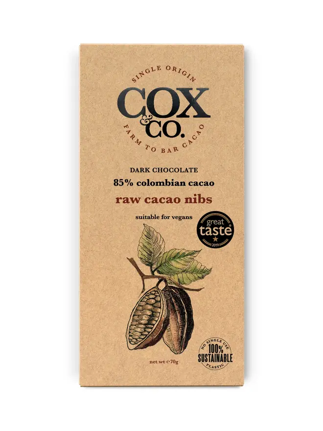 85% Raw Cacao Nibs Chocolate Bar (Set Of 1, 2 Or 3), a chocolate bar sitting on a white surface. 