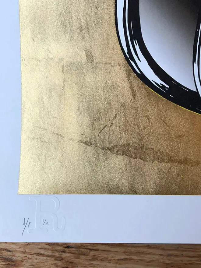 Motor cycle helmet with  a flame design on a gold  background. 