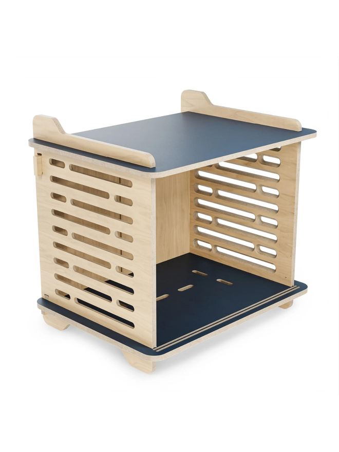 wooden blue top dog crate side view interior