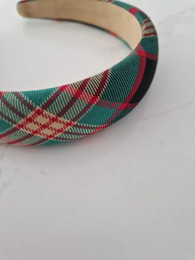 hand embroidered green red tartan name headband