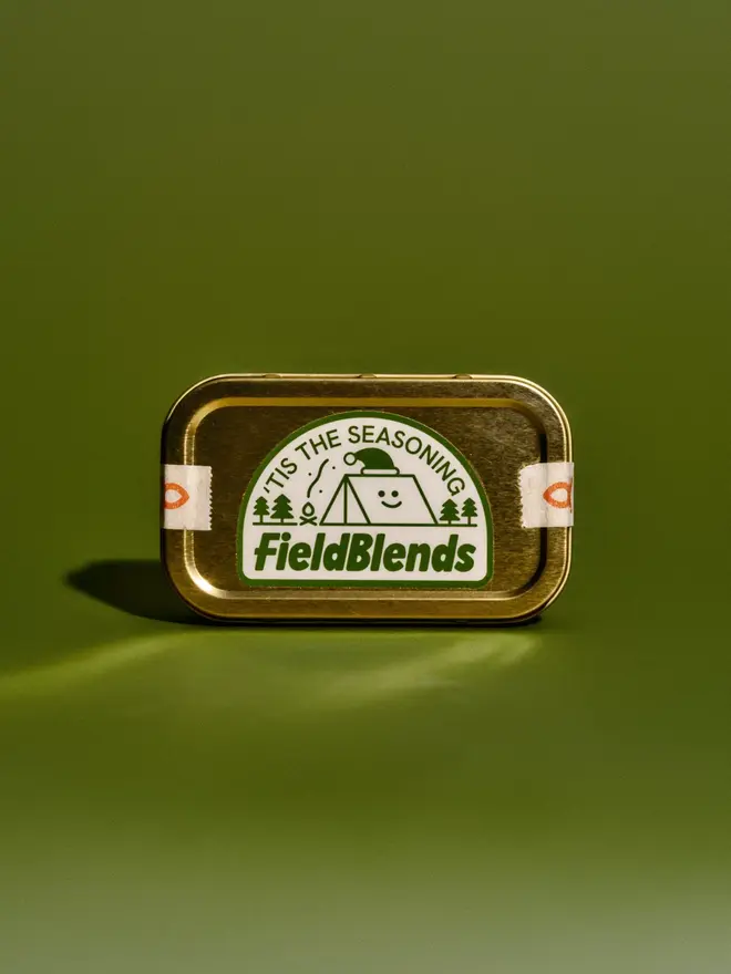 Christmas Blend, tin on table. 