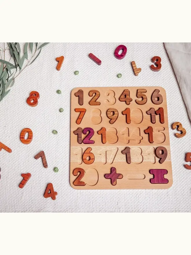 Extended Wooden Number Puzzle Heirloom Toy, on a table. 