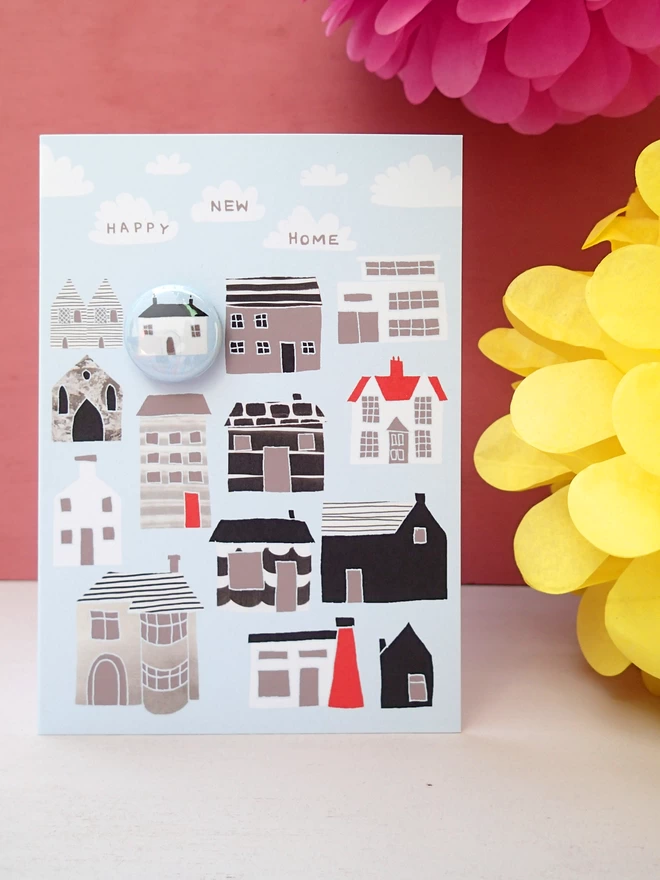 Happy New Home greeting card with pin badge