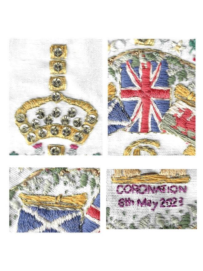 Close-up sections of the embroidery.  Left: the top Crown made of yellow and gold yarn, with crystals.  Middle top: the trumpet with the Scottish flag.  Lower middle: the text and right: the Union Jack.