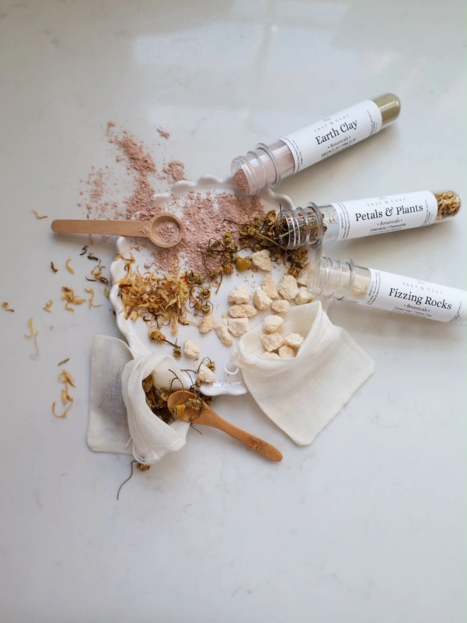 Natural clays as part of a  children's potion making kit for bath time. 