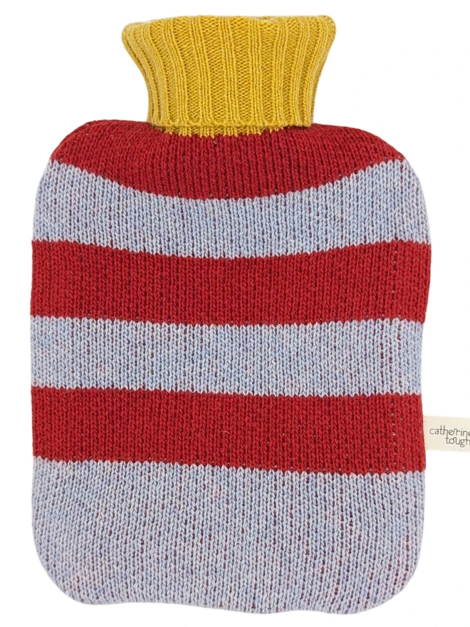 hot water bottle cover with red and light blue check pattern, yellow rib neck