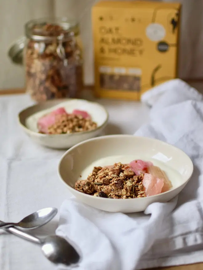 nibs etc. Oat Almond Honey Granola with Stewed Rhubarb and Yoghurt