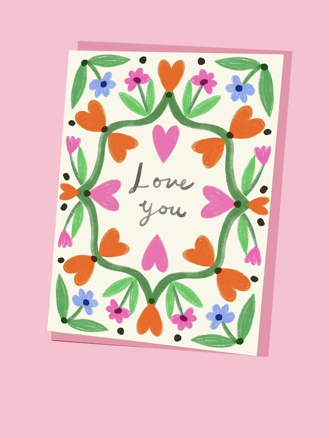 'Love You' Heart Floral Border Greeting Card
