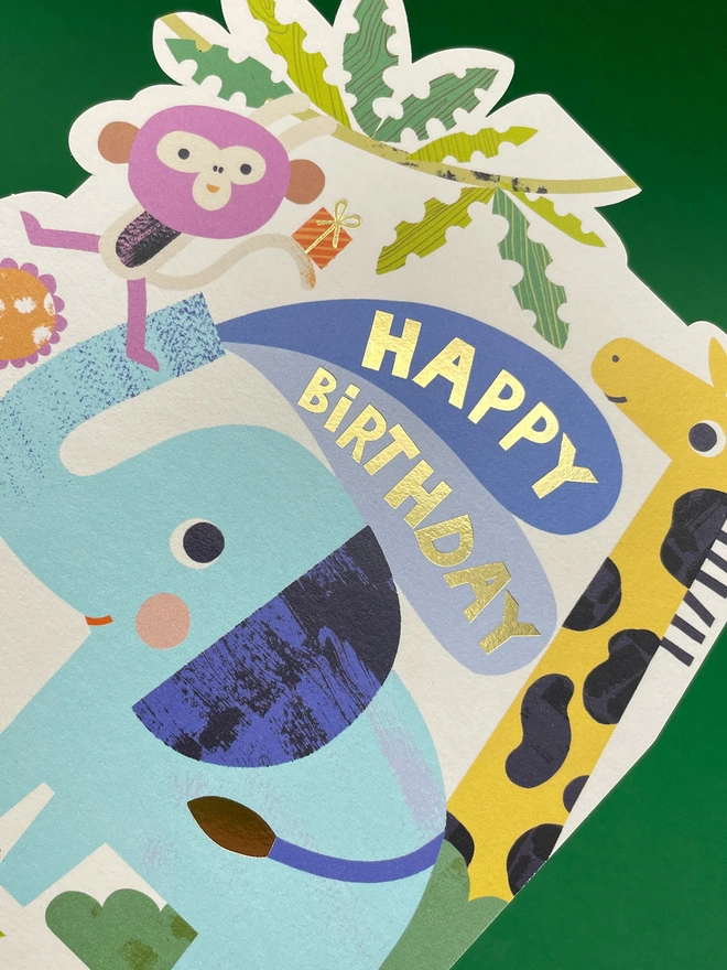 A closer look at the gold foil details on the colourful children’s birthday card