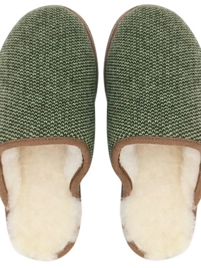 Lambswool & Sheepskin Slippers, a pair of colourful lambswool and sheepskin slippers sitting on a plain white surface. 