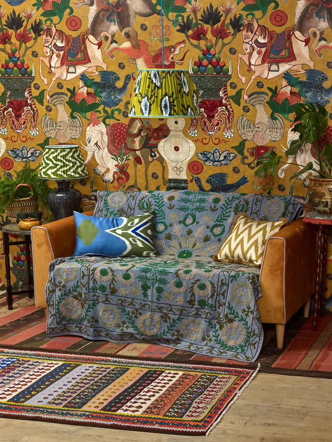 Maximalist Interior Design: Handmade Green Silk Ikat Lampshade in Patterned Wallpapered Living Room