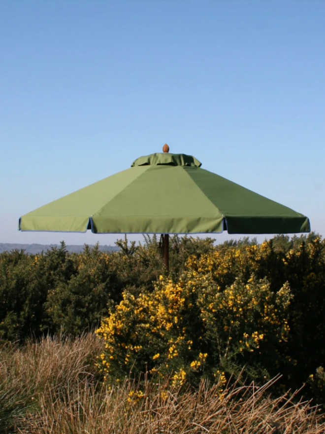 Parasol with Contrast Colour Trim. A parasol in olive green with blue trim
