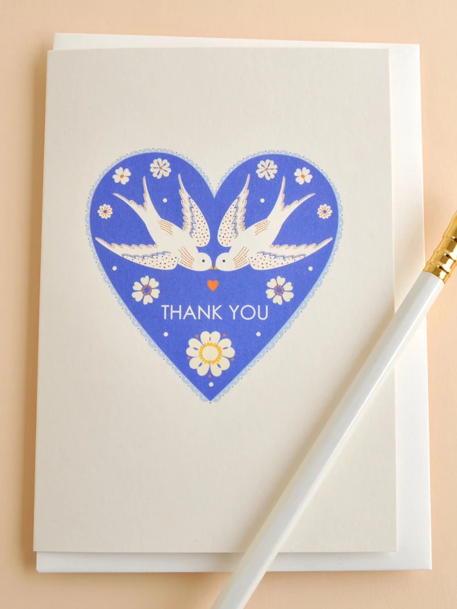 Set of 6 'Thank You' Card Birds In Blue
