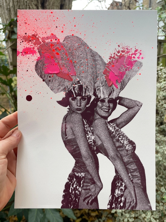 n A4 colourful pink and peach and burgundy print of 2 women in 1920s party clothes with hand painted swooshes and splats, 