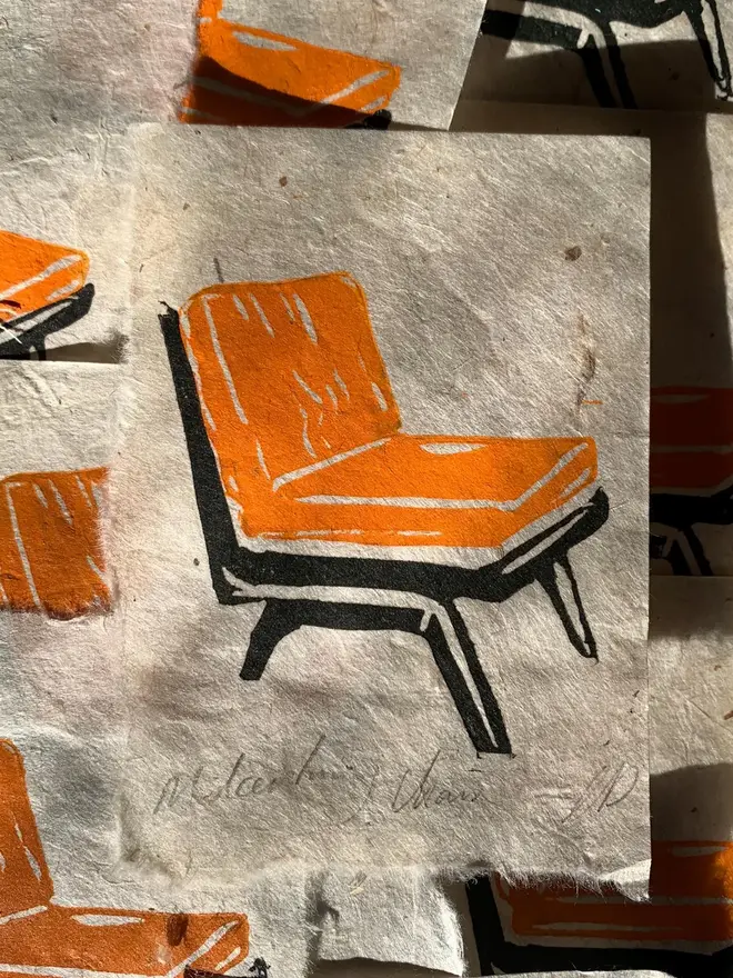 Mid Century Chair Mini Lino Print On Handmade Paper