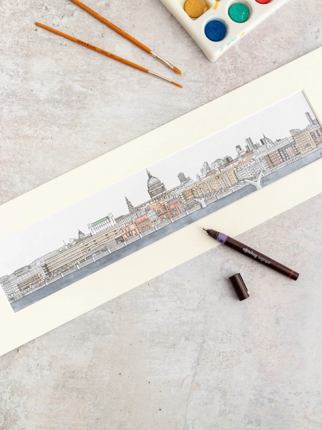Print of detailed pen and watercolour drawing of St Paul’s Cathedral and buildings shown from the Southbank