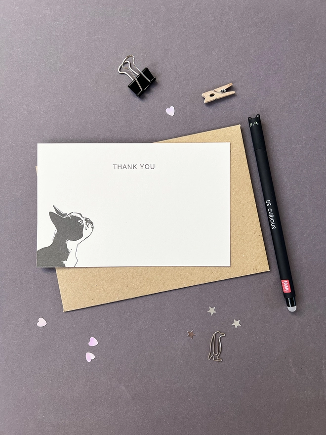 Flat correspondence cards illustrated with a French bulldog with Thank You at the top