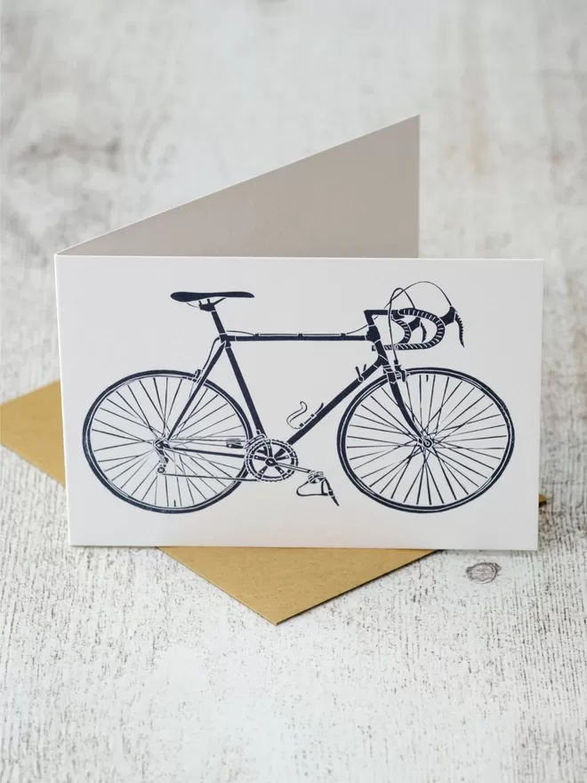 Greeting Card with an image of a Steel Framed Bicycle, taken from an original lino print