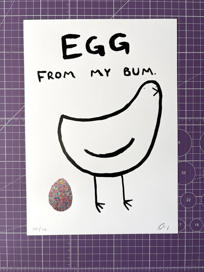 'Egg From My Bum' Print with rainbow foil egg