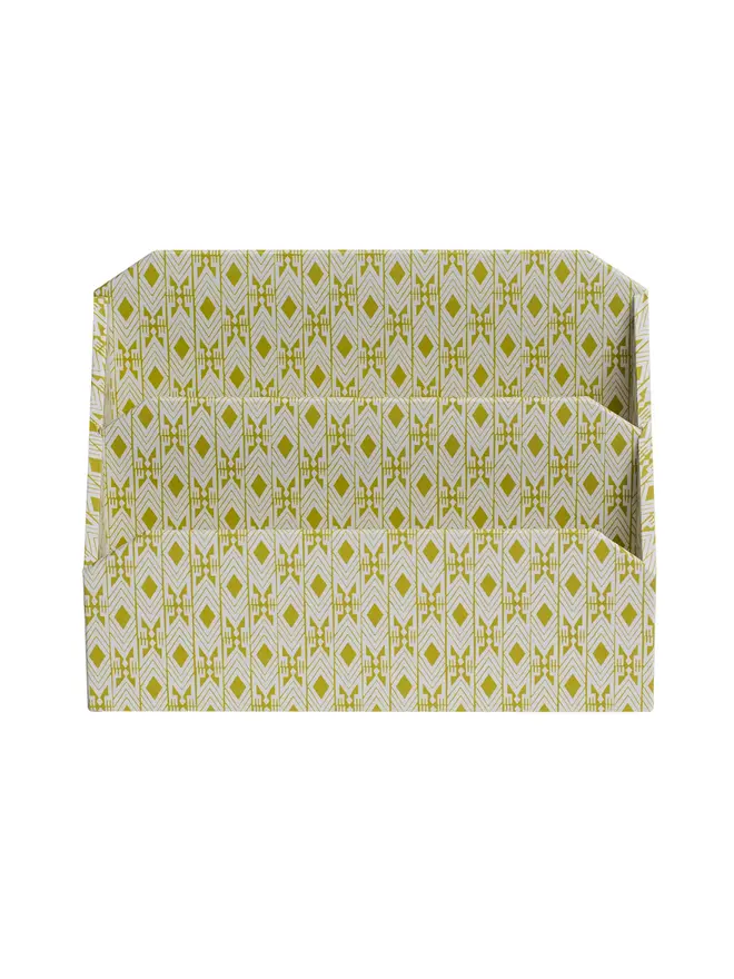 Tijan Letter Rack, a colourful patterned letter rack sitting on a white surface against a plain backdrop. 