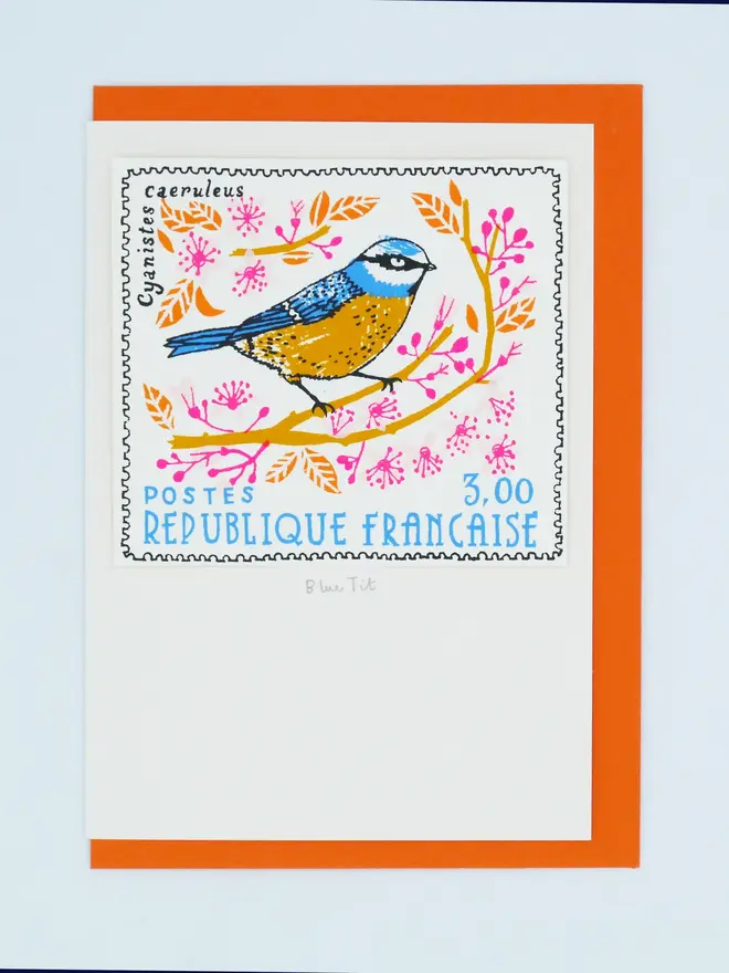 Bird Stamp Card Blue Tit/ French Stamp Card, a white card with a colourful bird design in the centre against an orange envelope on a white background. 