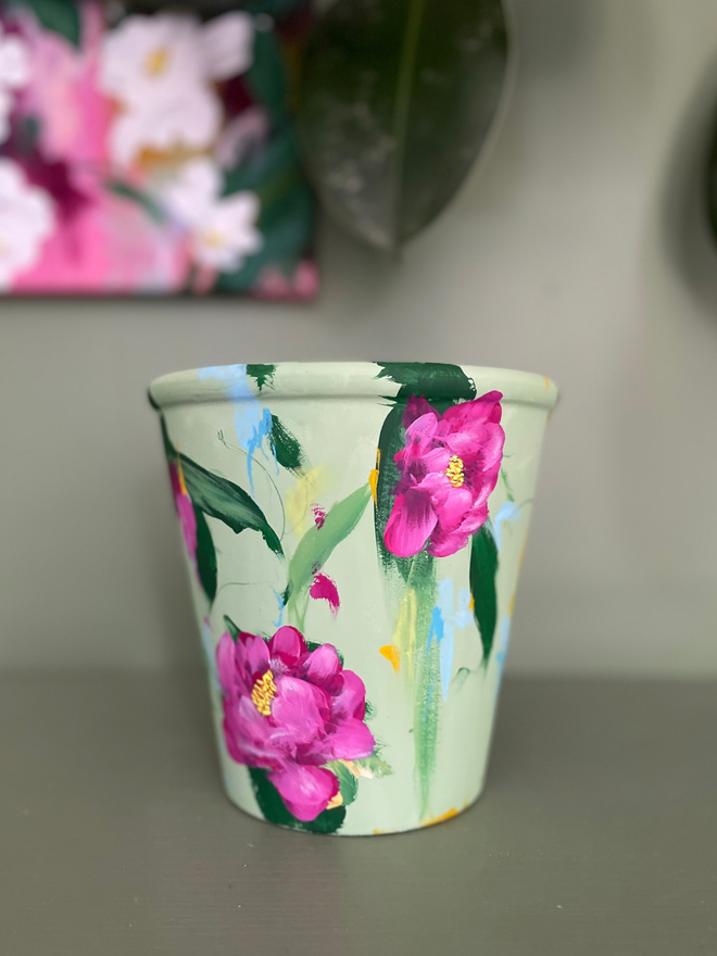 Hand painted pale green floral plant pot deep pink peonies 