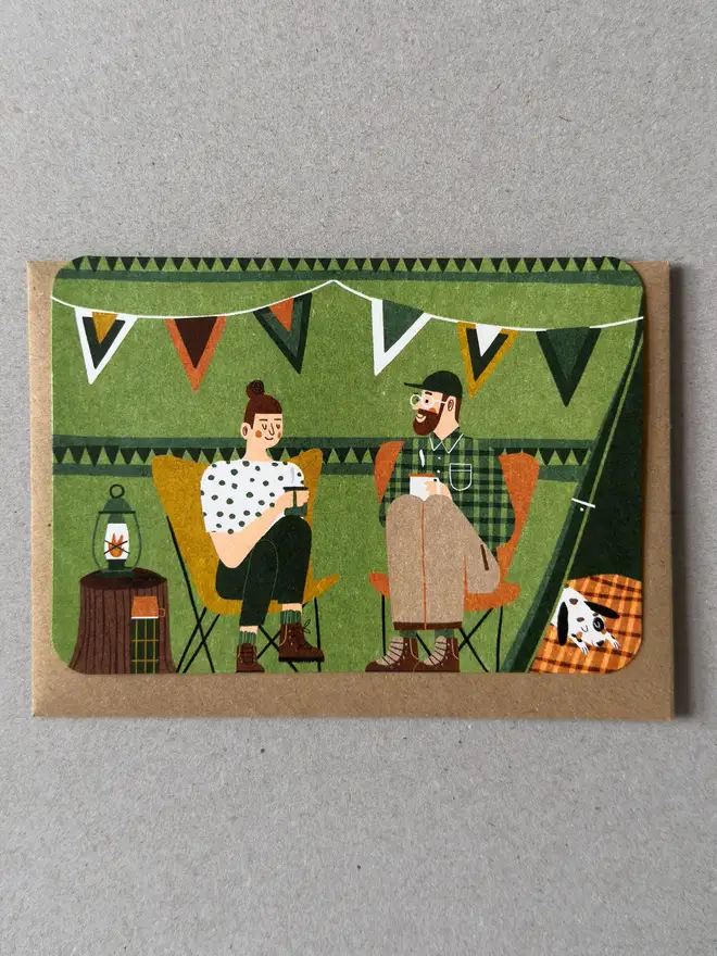 green tent camping couple illustrated greetings card