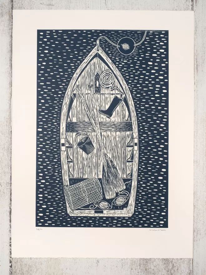 Picture of a Rowing Boat with the view from above, taken from an original Lino Print 