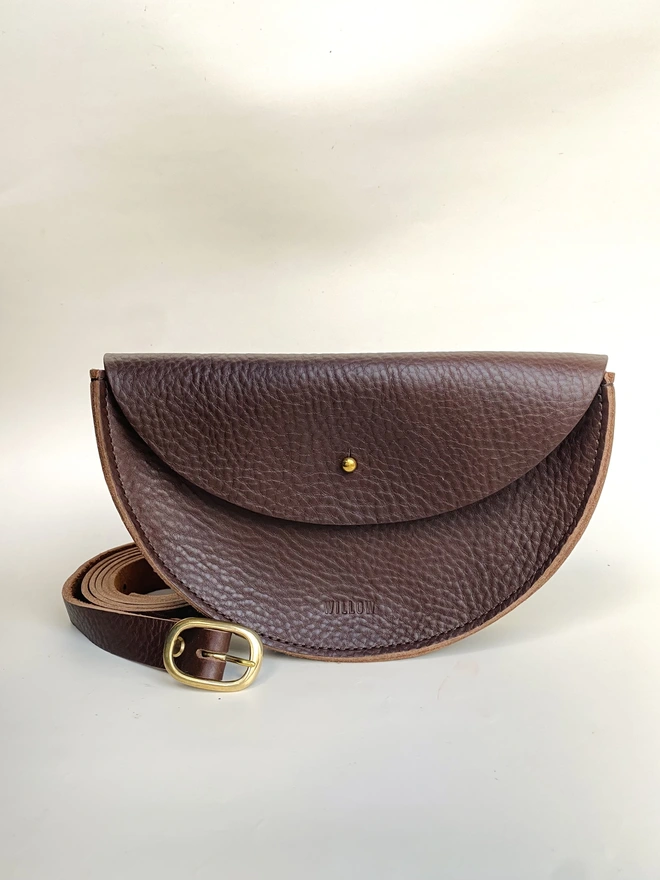 Chocolate brown leather half moon crossbody bag 