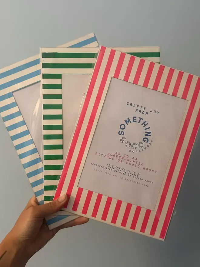 striped a4 / a5 screen print photo mount. pink, green and blue variants pictured against grey background.