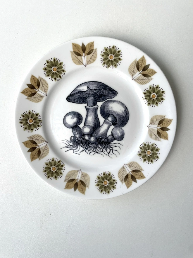 vintage plate with an ornate border, with a printed vintage illustration of mushrooms in the middle