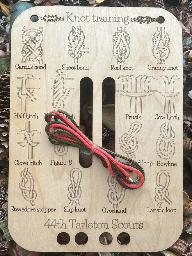 A personalised A4 birch plywood knot‑tying training board engraved with labelled practice areas for learning essential knots. The smooth wooden surface shows clear scoring lines and knot guides, designed for forest school leaders, scouts, and outdoor learners. The board has a natural, eco‑friendly finish and a sturdy, practical feel for hands‑on knot practice.