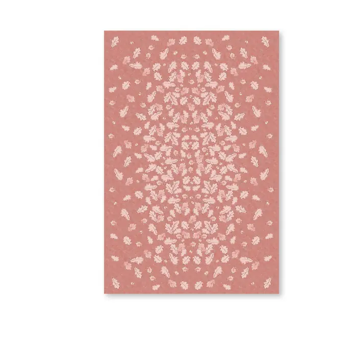 Grace Oak Trees Pink Linen Tablecloth. Light Pink and white tablecloth with oak patterns folded on a white background. 