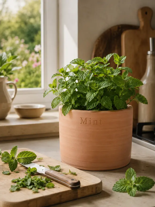 Hand-thrown terracotta herb pot stamped with Mint, filled with fresh mint on a kitchen worktop beside chopped mint and a knife.