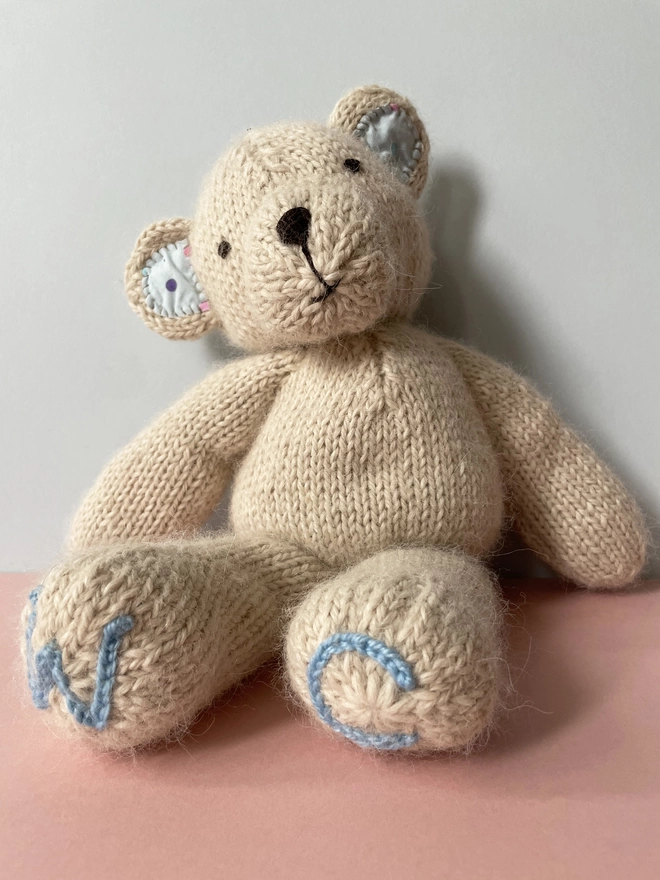 Bear with embroidery on feet.