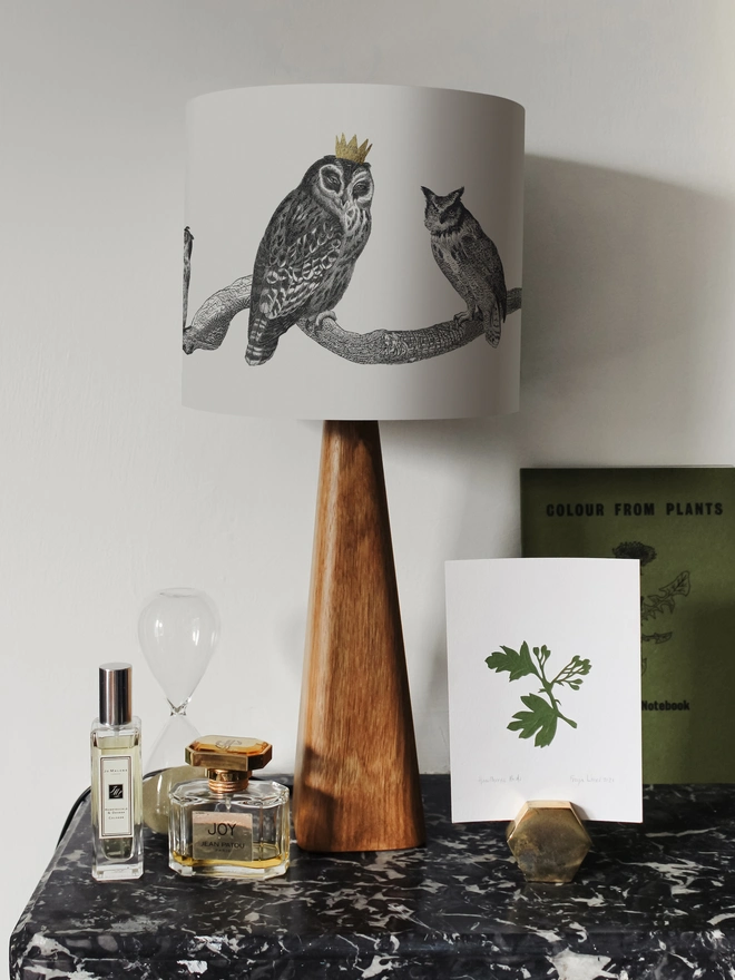 Handmade vintage owl lampshade featuring a parliament of illustrated owls perched together, created from antique animal etchings with monochrome details