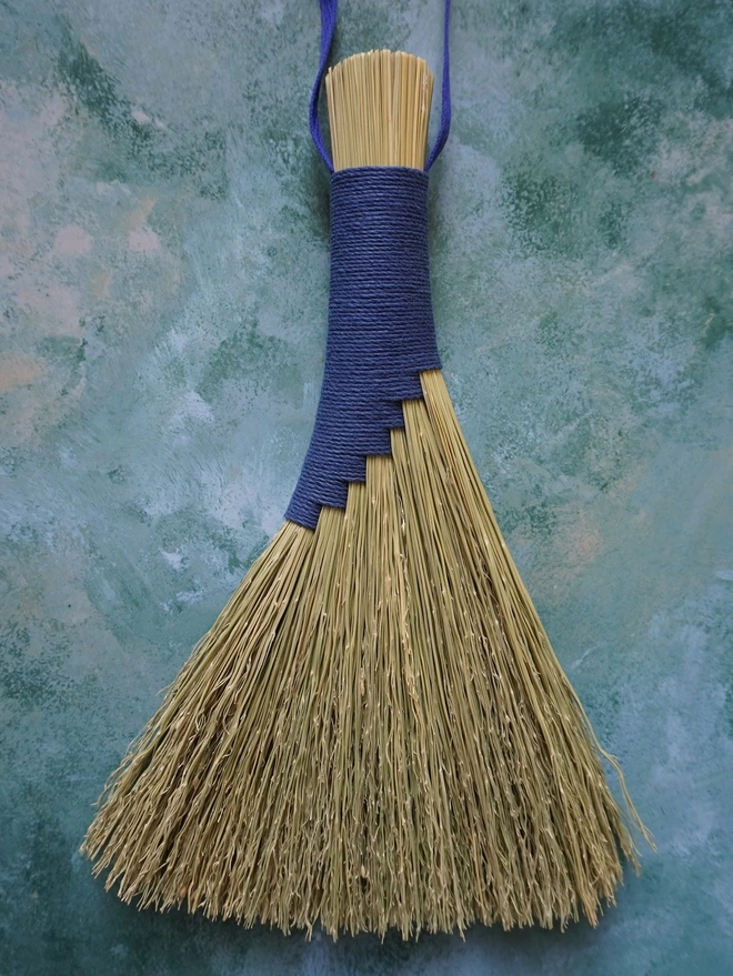 Handmade broomcorn brush with blue hemp cord binding