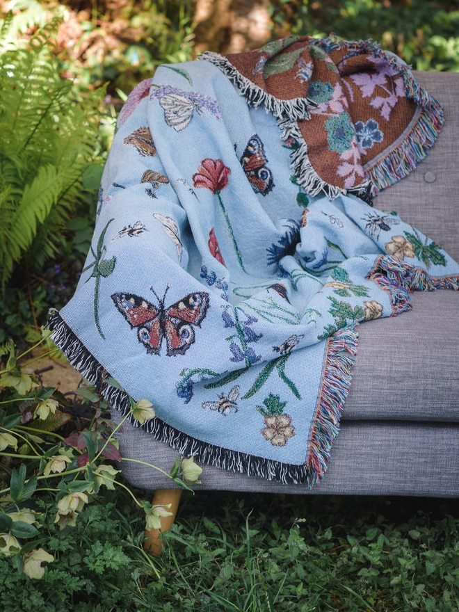 blanket, wrap, sofa throw, bed cover, table throw, picnic or yoga tapestry, butterflies