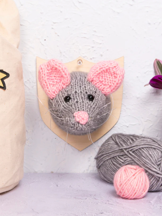 Mouse Head Knit Kit. A mouse head knit kit, completed and mounted.