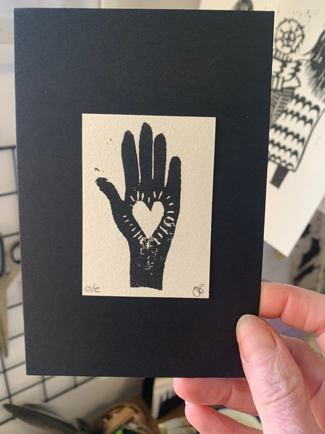hand heart mini lino print susan bradley
