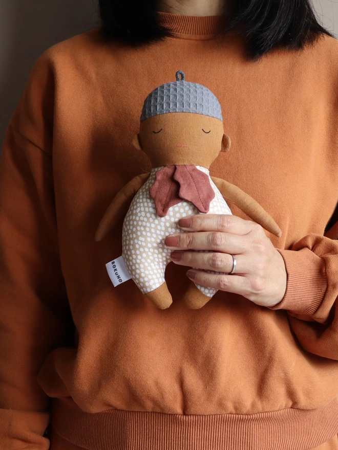 stuffed baby acorn doll made with linen