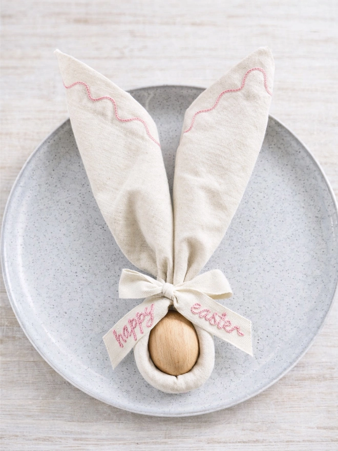 Embroidered Easter napkins with embroidered happy easter cotton twill bow with wooden egg