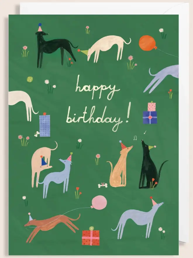 'Happy Birthday' Long Dog Party, against a white background. 