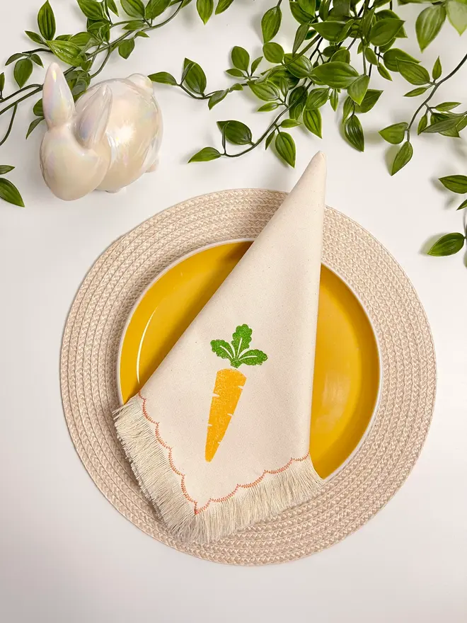 Block Printed Fringe Napkins Carrot (Set Of 2)