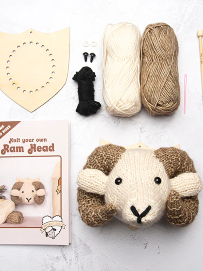 Mini Ram Head Knit Kit. A knit kit with all equipment shown.