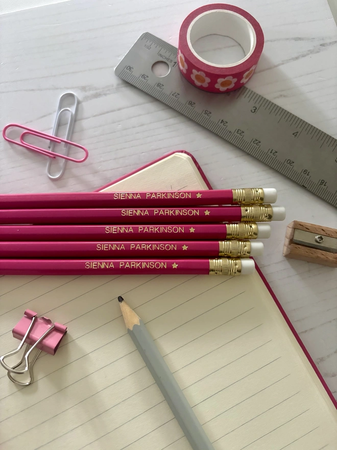 Personalised Raspberry Pink Mix HB Pencil Set