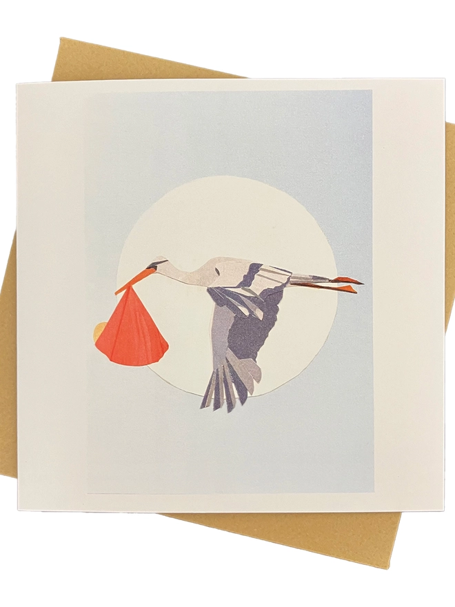 New baby card showing a collage of a stork delivering a newborn on a white background